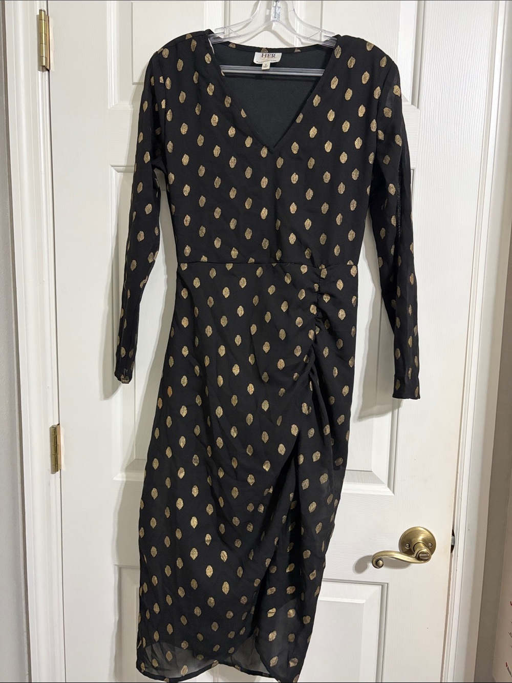 BHLDN Black Long Sleeve V-Neck Gold Dot Wrap Dress